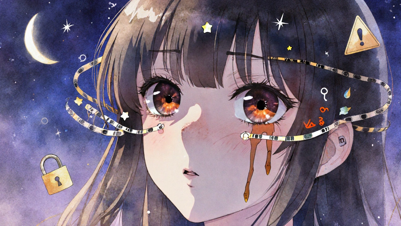 A girl&#039;s eye changes color as lashes grow dramatically, with subtle warning symbols nearby.