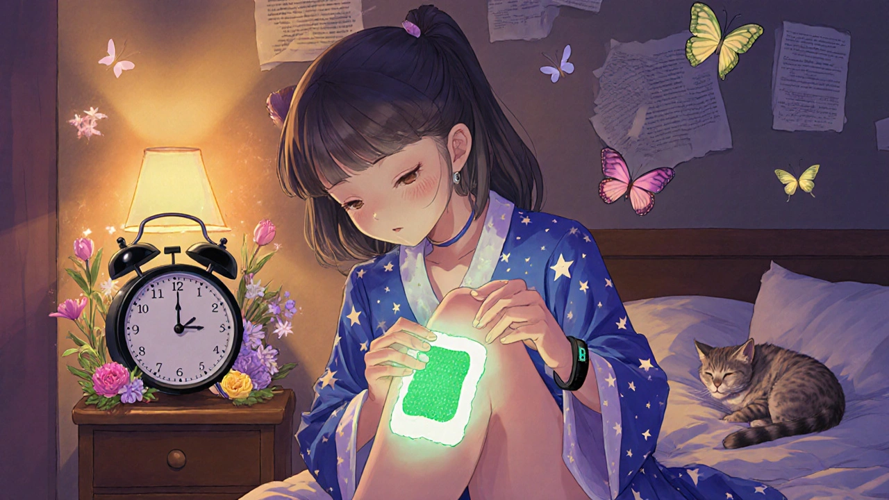 A magical girl applies a glowing pain patch, turning sleep disruption into calm light and floating butterflies.