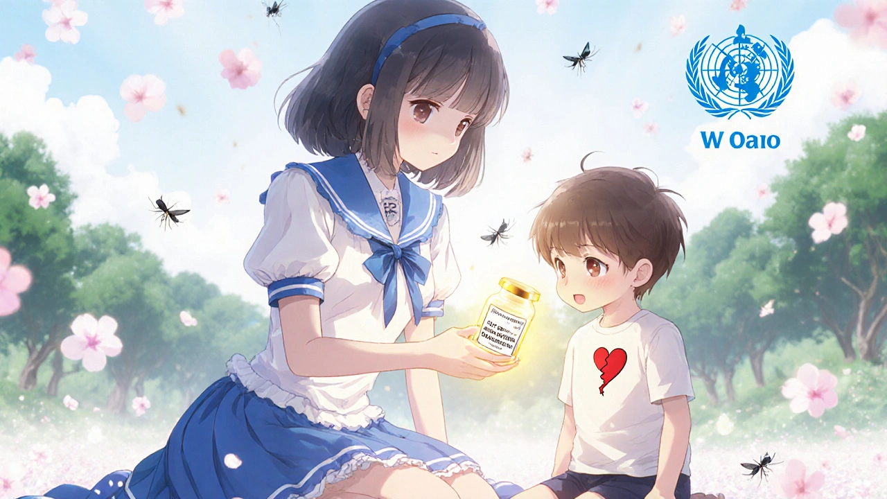 A magical girl healing a child with a glowing vial as shadowy mosquitoes vanish and cherry blossoms fall.