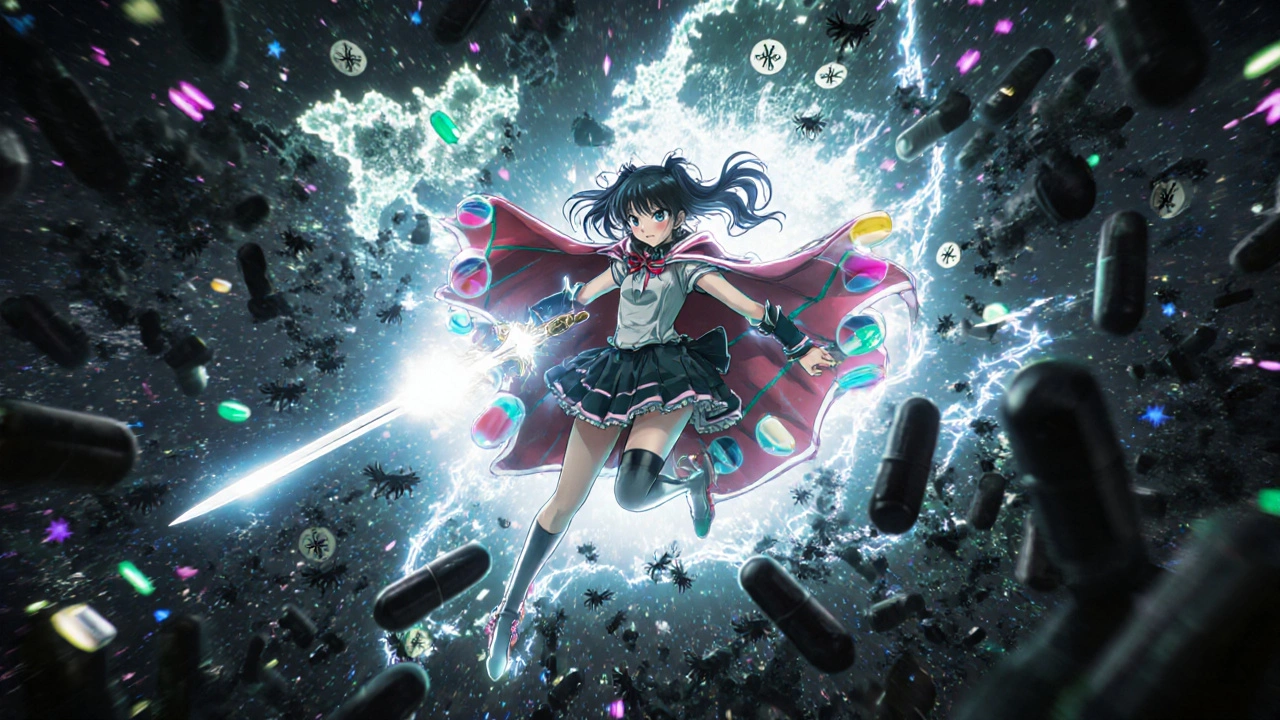 A magical girl in a pill-made cape battling malaria parasites over a glowing map of high-risk regions.