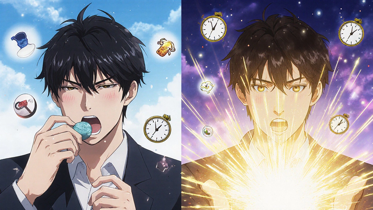 A man transforms from struggling with a pill to confidently consuming jelly, with time symbols around him.