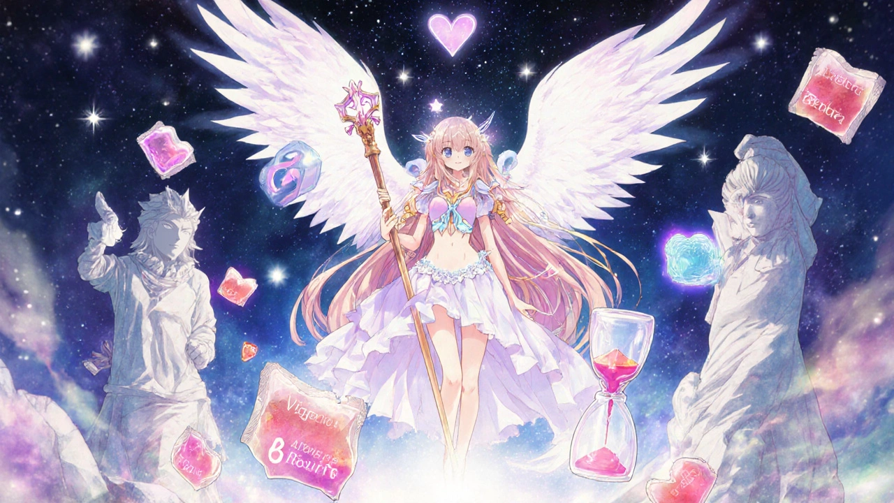 A radiant jelly warrior defeats other ED treatments in a magical battle under a starry heartbeat sky.