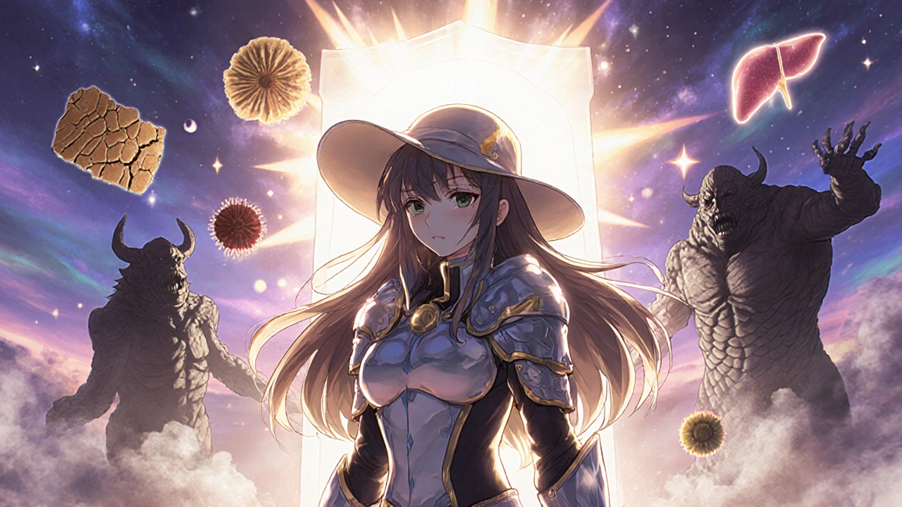 A teen protected by sun armor as dark skin monsters dissolve into smoke.