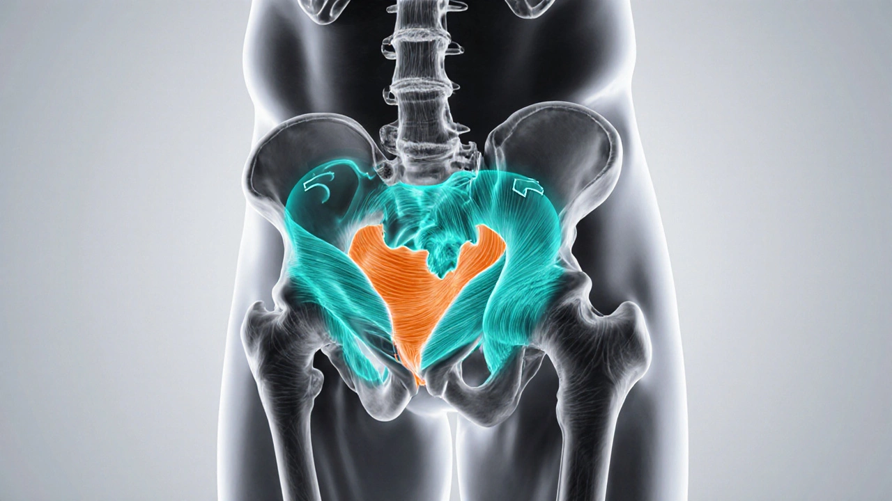 Anatomical view of male pelvic floor muscles contracting.