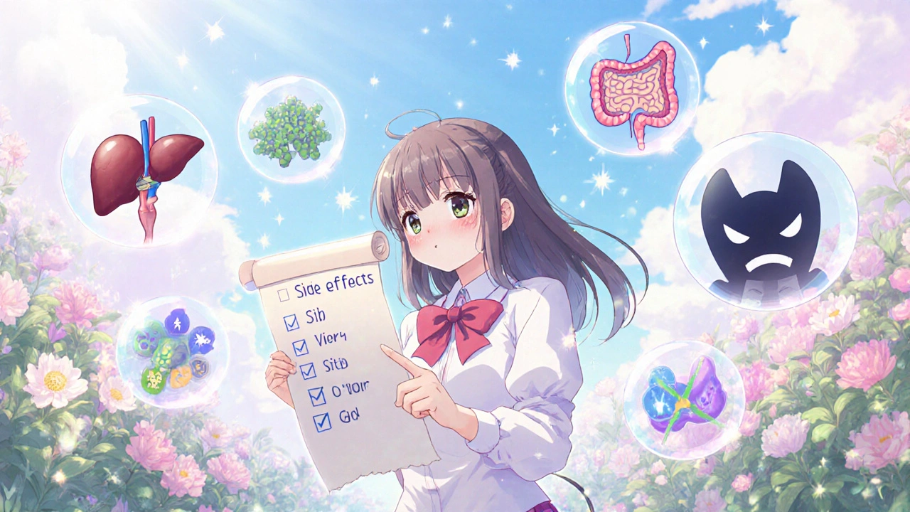 Augmentin magical girl consulting a checklist scroll with icons of organs and C. difficile.