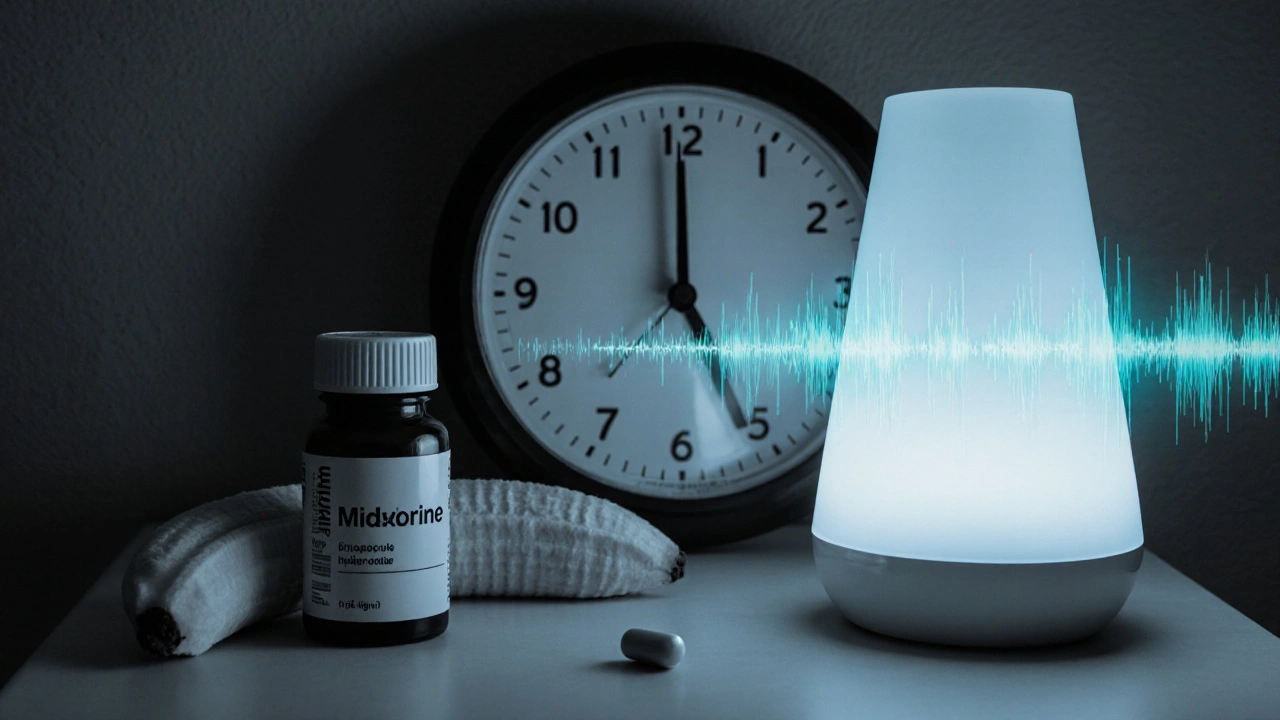 Bedside nightstand with Midodrine bottle, clock, banana, melatonin and white‑noise device.