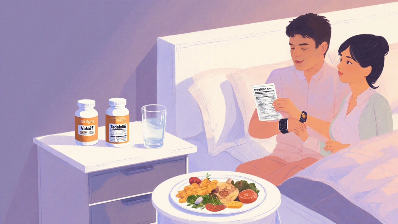 Couple in bedroom discussing pills, food, and timing with bottles on bedside table.