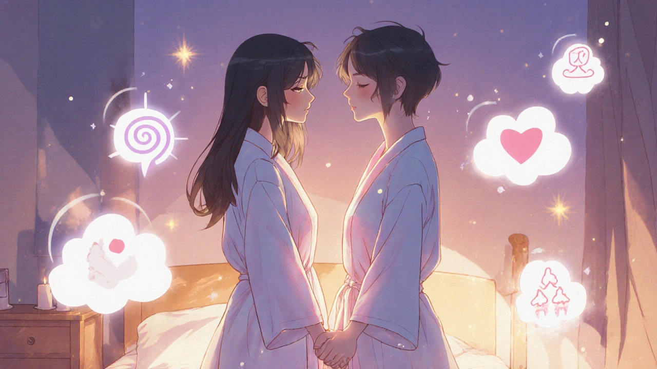 Couple in glowing bedroom performing mindful intimacy steps.