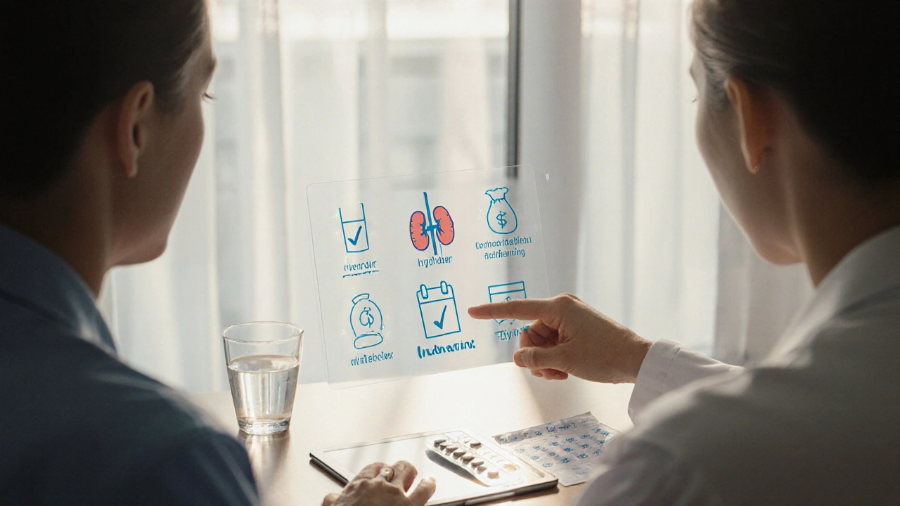 Doctor and patient discussing HIV therapy with symbols for water, kidney, cost, and adherence.