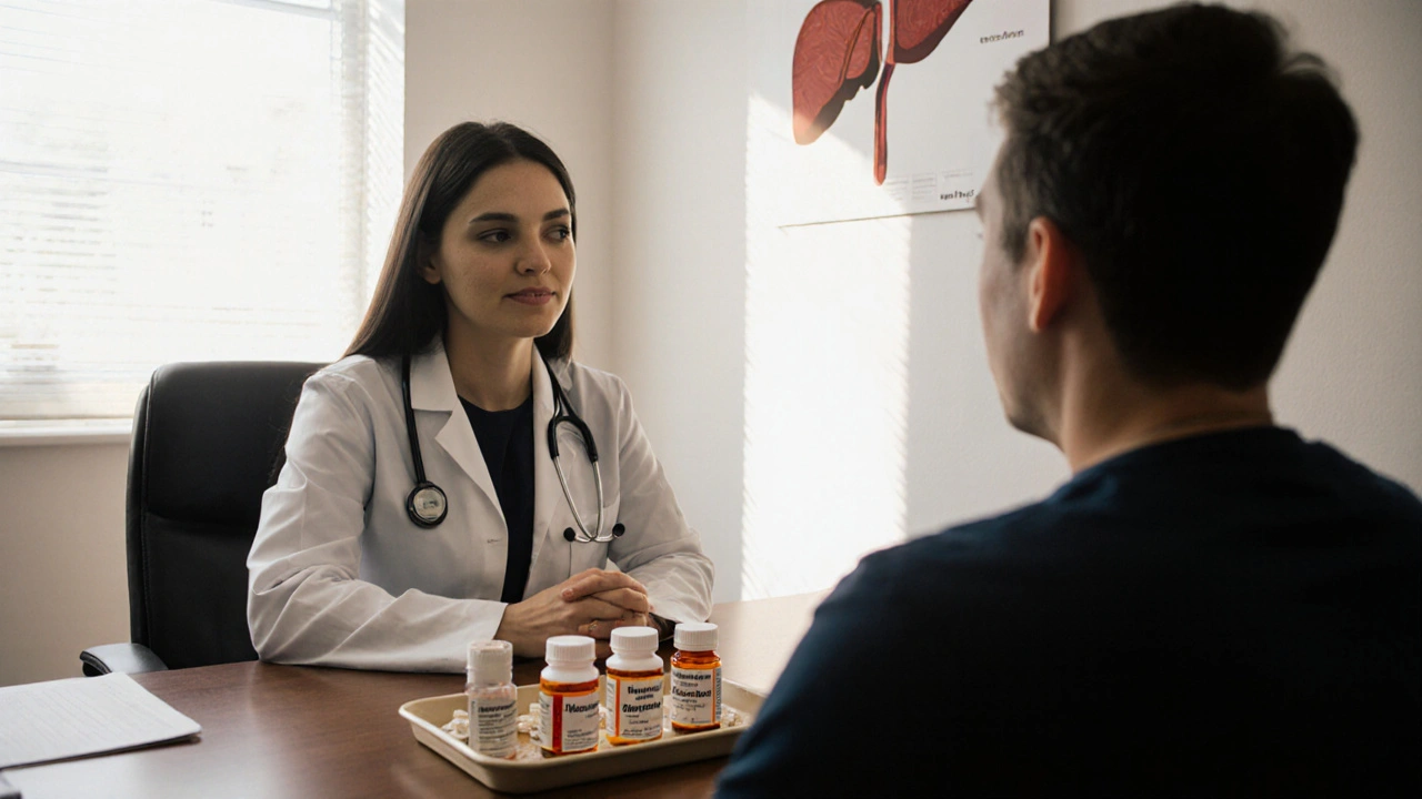 Doctor and patient reviewing various AUD medication bottles on a tray.