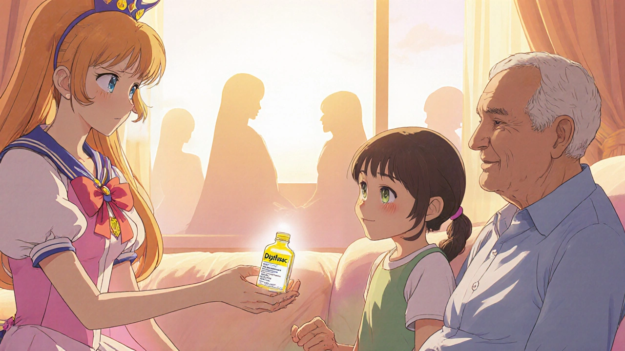 Duphalac giving a glowing bottle to a child and elderly patient, with warm lighting.