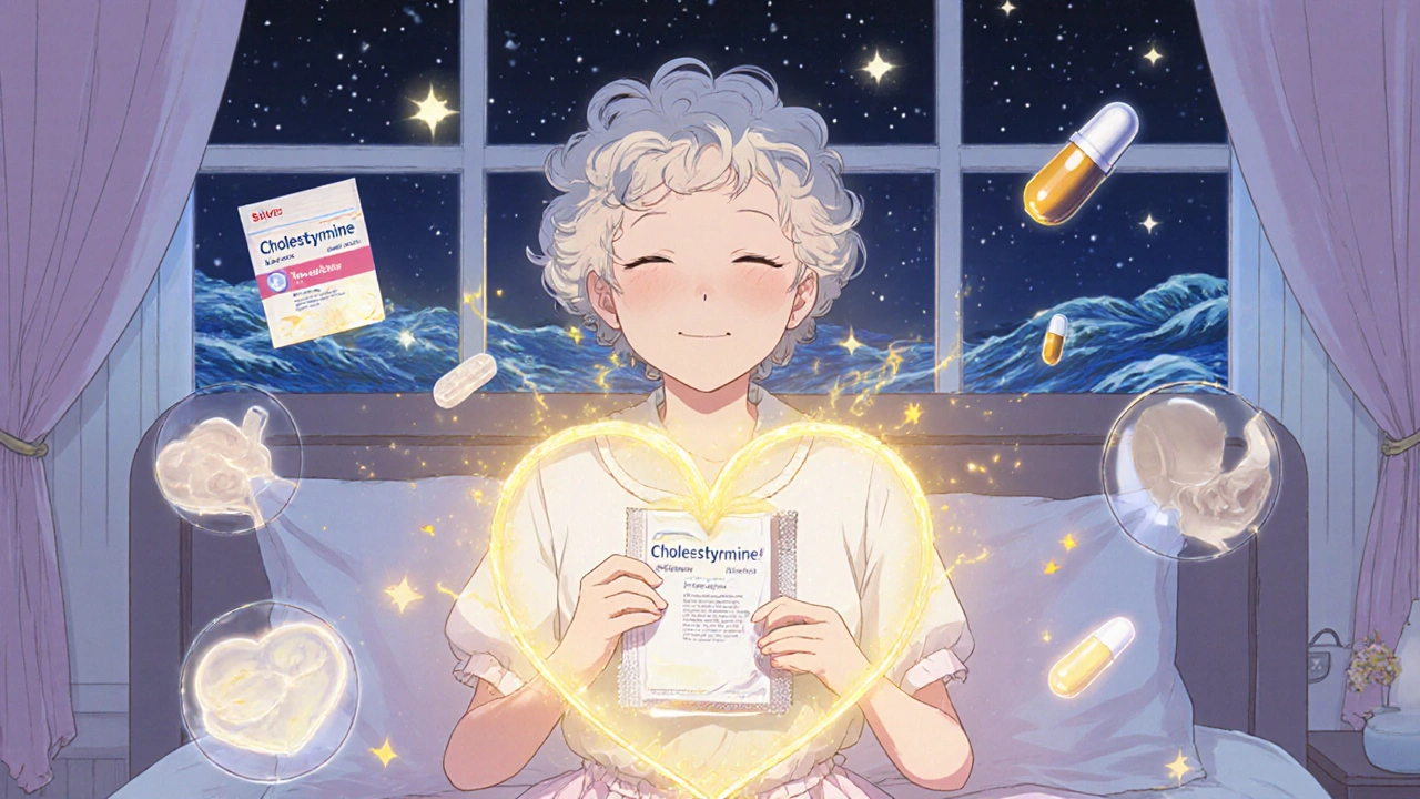 Elderly woman holding cholestyramine packet with golden light protecting her heart.