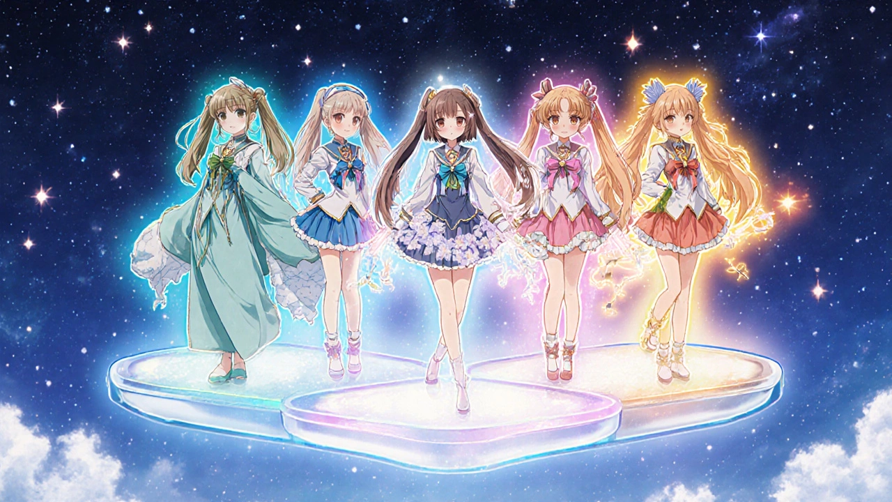 Five magical girl characters representing OAB drugs standing on a floating platform.