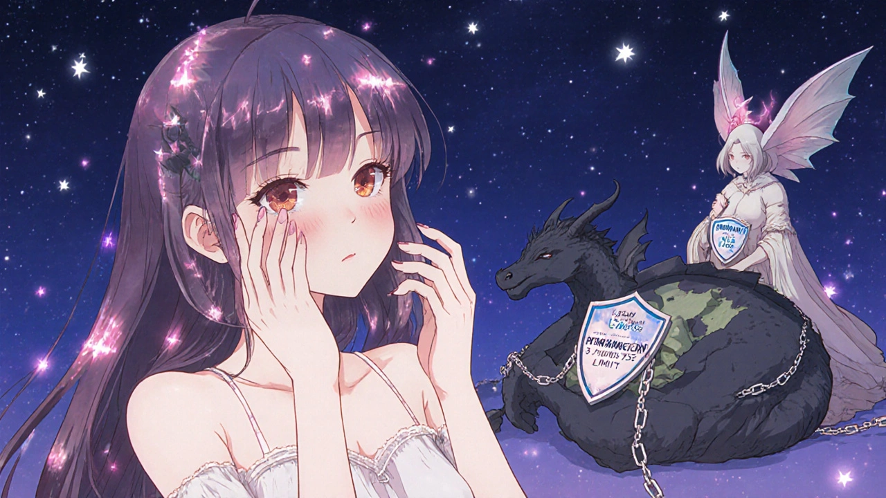 Girl applying azelaic acid under stars, pink aura fading dark spots, protective spirit holding &#039;Pregnancy Safe&#039; shield.