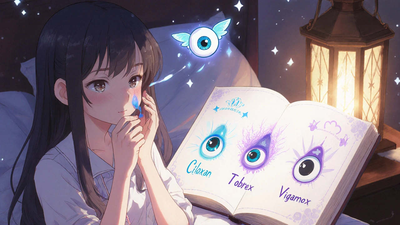 Girl applying eye drops with a winged eye spirit beside her, antibiotic drops shown as magical familiars.