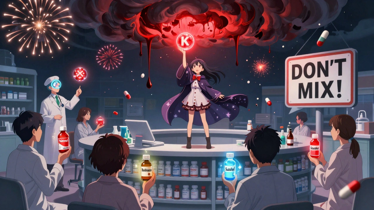 Girl holds vitamin K orb to stop blood-red INR storm, safe medicines glowing below.