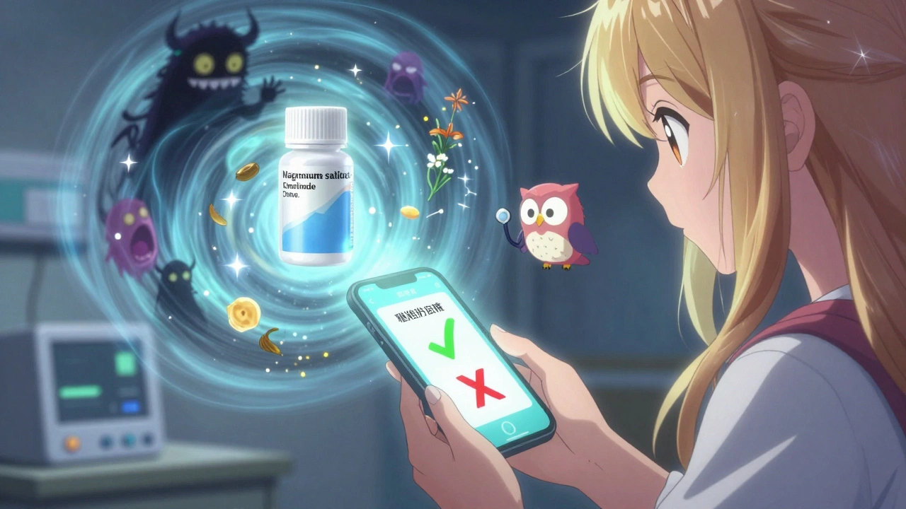 Girl scans cold medicine with glowing app, banishing dangerous ingredients as shadowy monsters.
