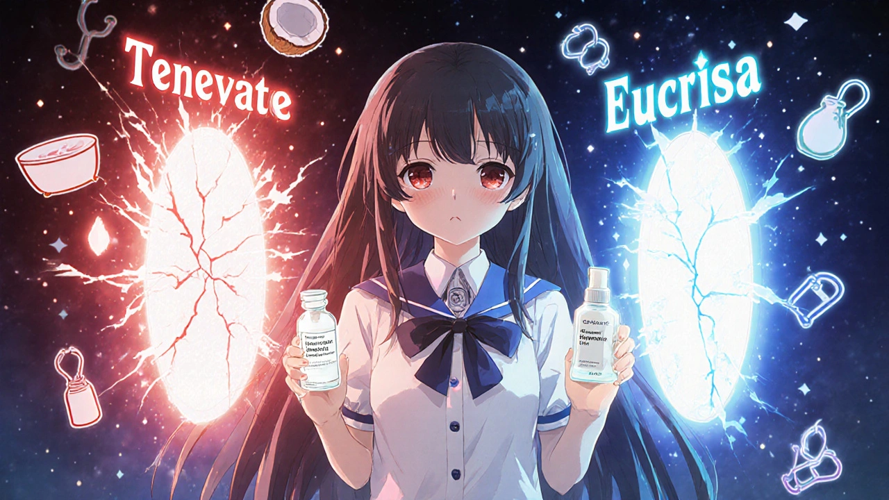 Girl stands between two glowing portals: one harsh red, one calm blue, holding healing creams.