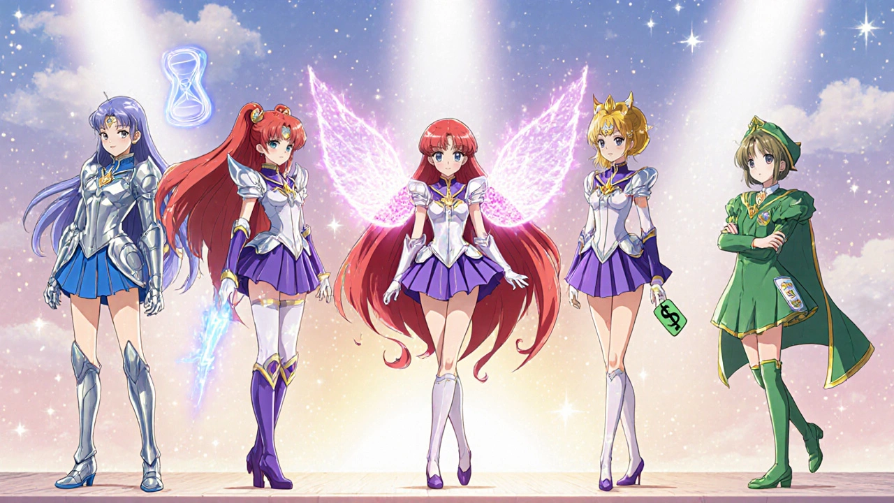 Group of magical girl characters representing different ED pills, each with distinct colors.