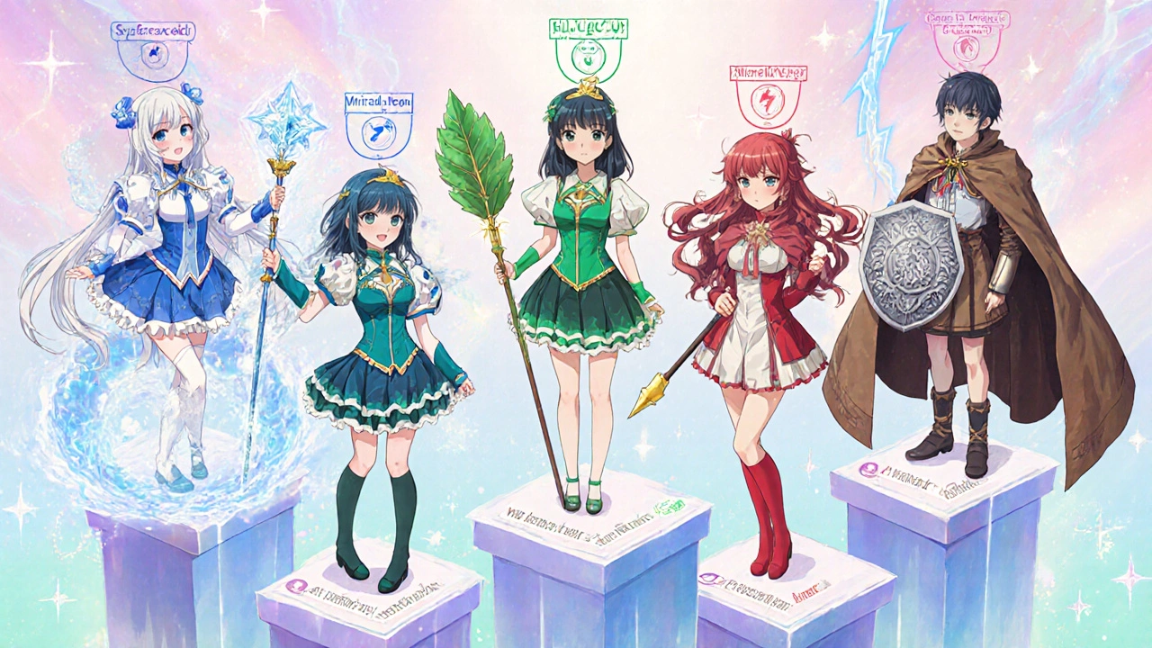 Group of six magical heroines representing different laxatives on floating platforms.
