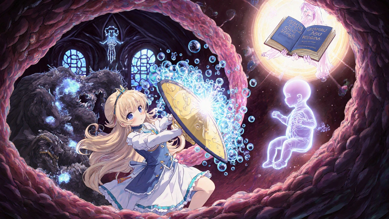 Heroic microbiome guardian battling dark bacteria in a baby's bloodstream with probiotic bubbles.