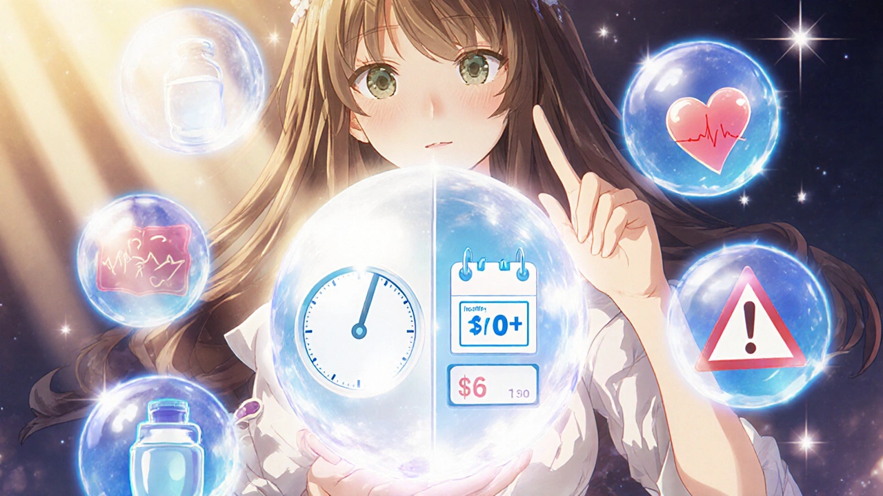 Heroine consulting a glowing crystal that shows timing, duration, and price icons with health symbols.