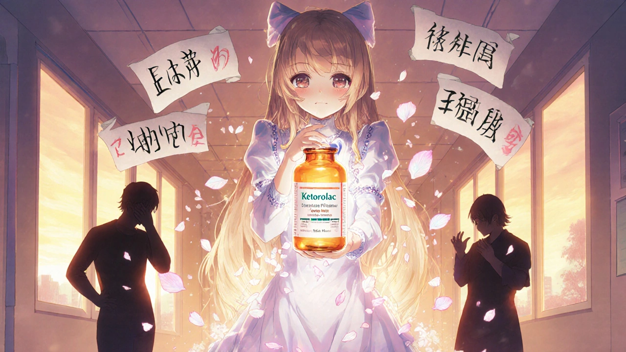 Heroine holding glowing ketorolac lantern as nausea shadows turn to petals.