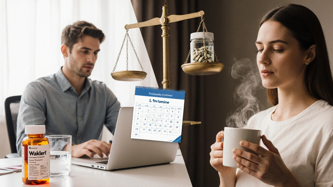 Home office split scene showing Waklert prescription bottle on one side and coffee with L‑Theanine on the other, balanced by a scale.