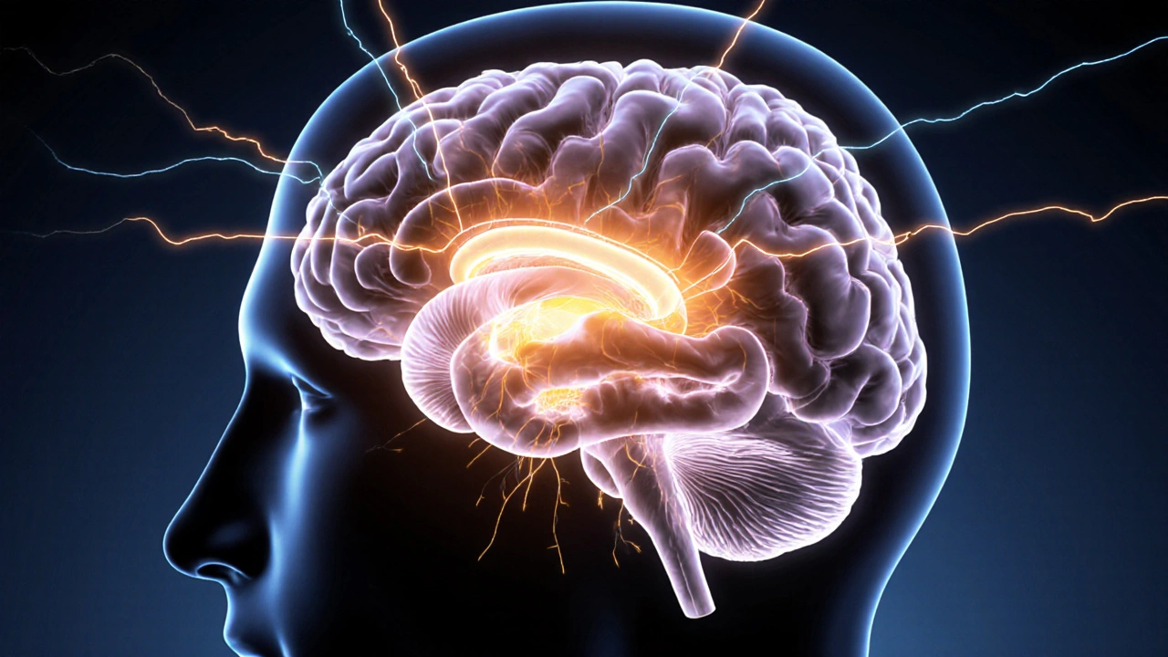 Illustrated brain cross‑section highlighting wake‑center with glowing dopamine, norepinephrine and histamine pathways.