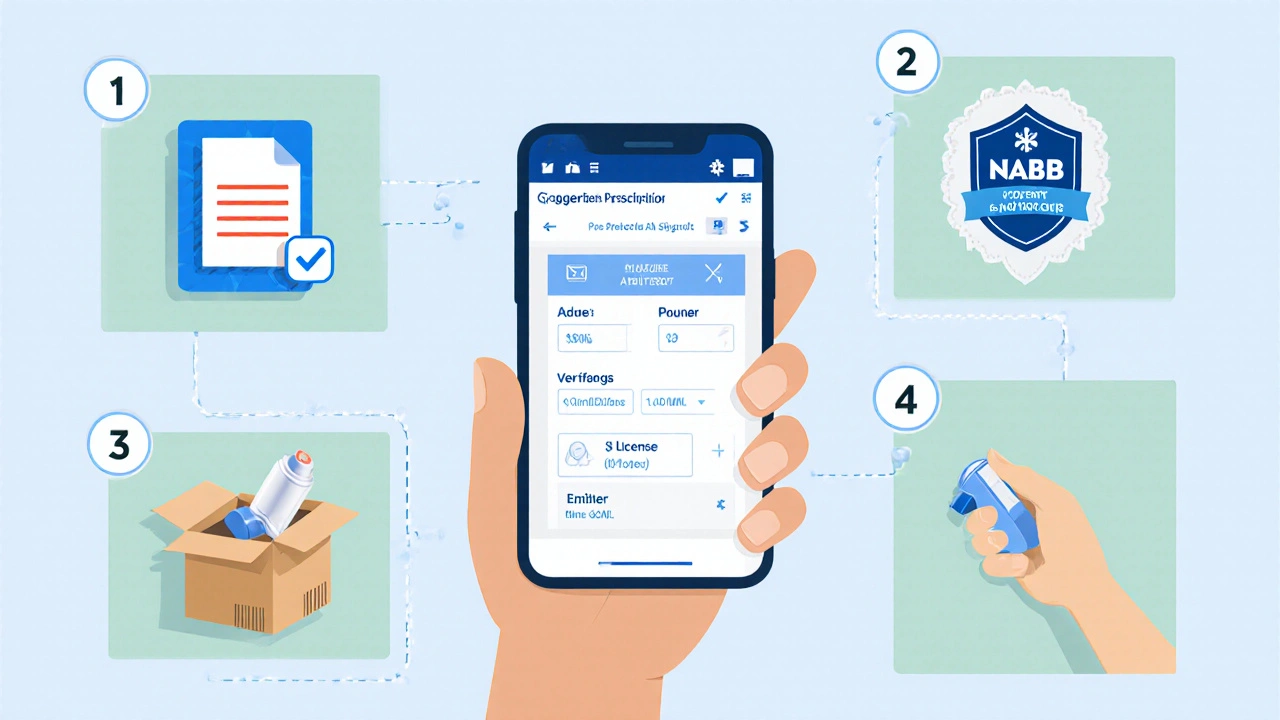 Illustrated guide showing steps to safely order generic albuterol online.