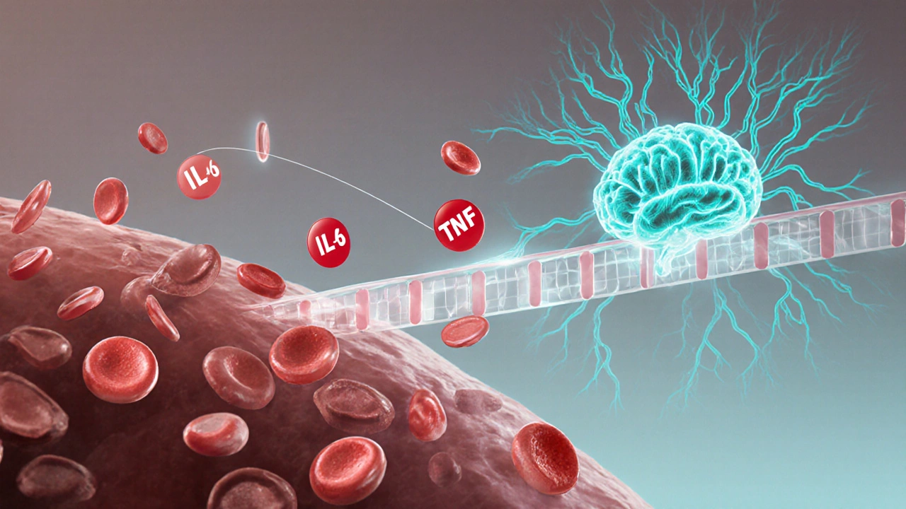 Illustration of cytokines crossing the blood‑brain barrier and activating microglia.