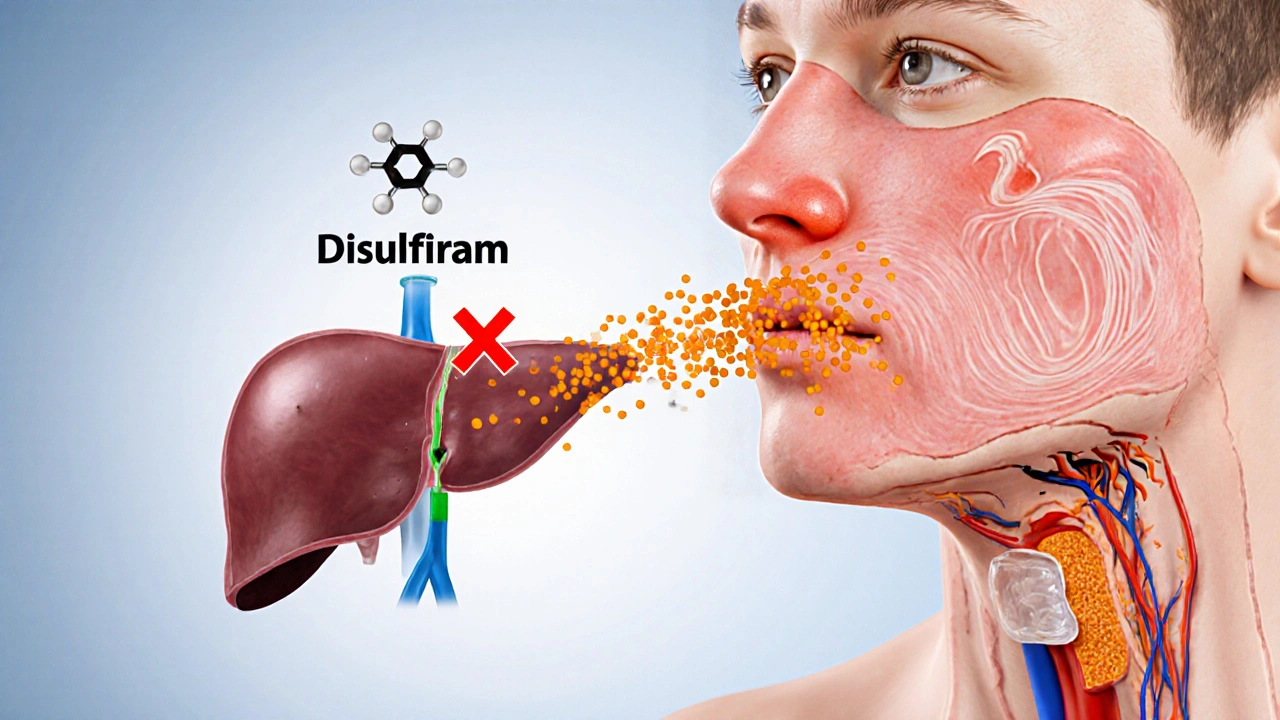 Illustration of Disulfiram inhibiting an enzyme, causing acetaldehyde buildup and facial flushing.