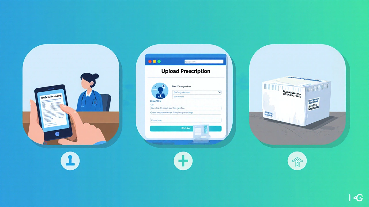 Illustration of scanning a prescription, uploading it online, and receiving a sealed medication box.