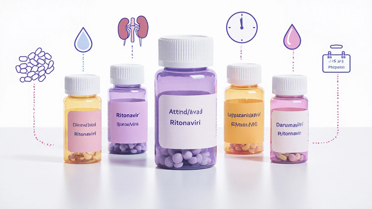 Lineup of six pill bottles with icons for dosing, kidney, lipids, and hydration.