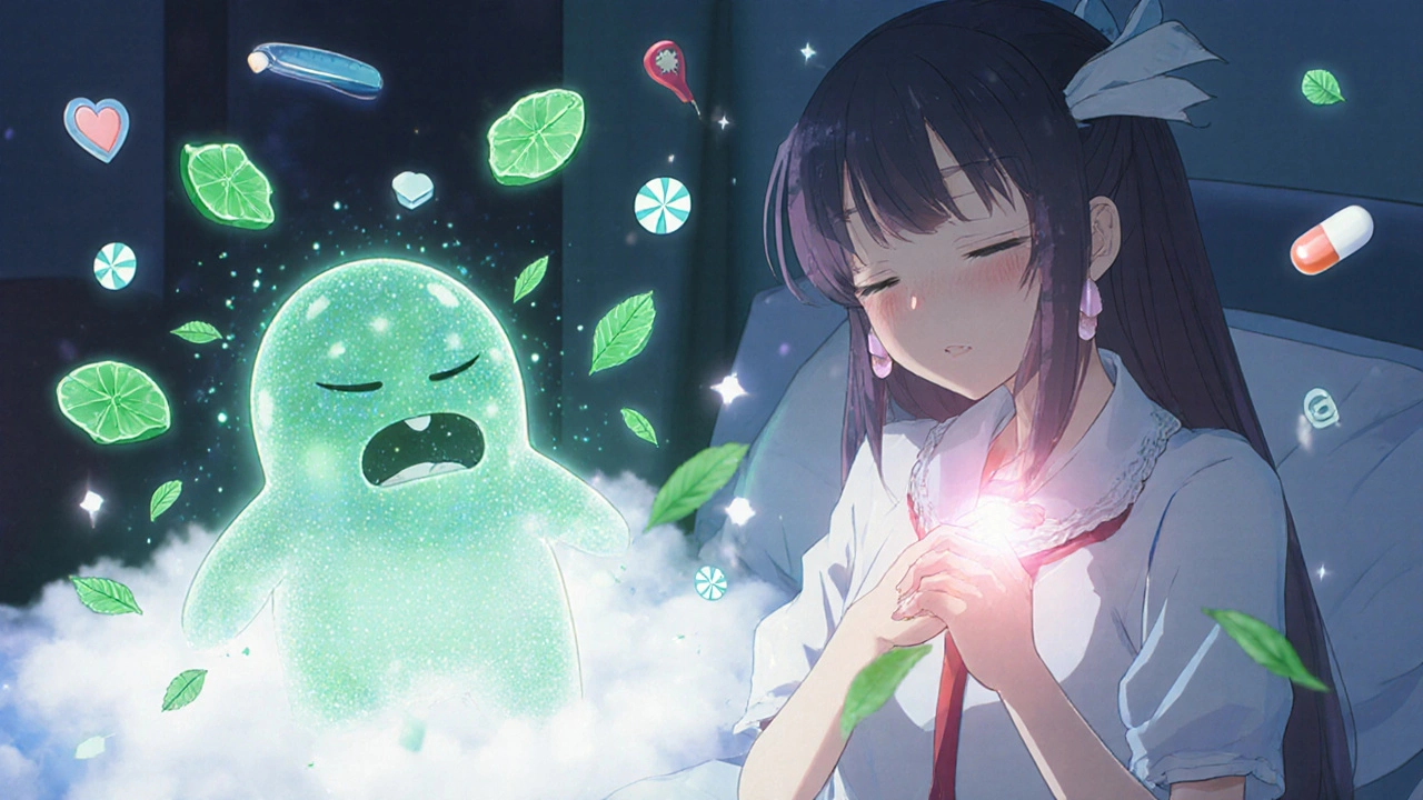 Magical girl activating acupressure point as nausea monster dissolves into glitter.