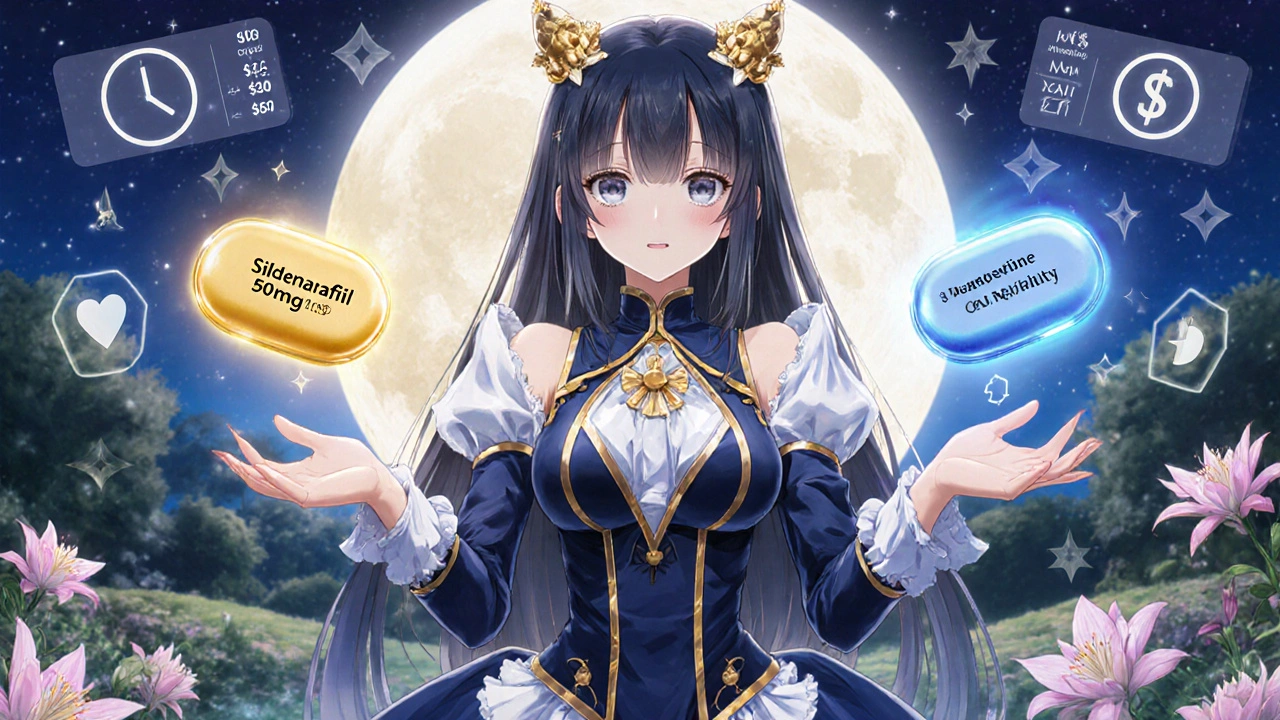 Magical girl adjusting two separate glowing pills labeled Sildenafil and Dapoxetine, with floating balance scales and icons.