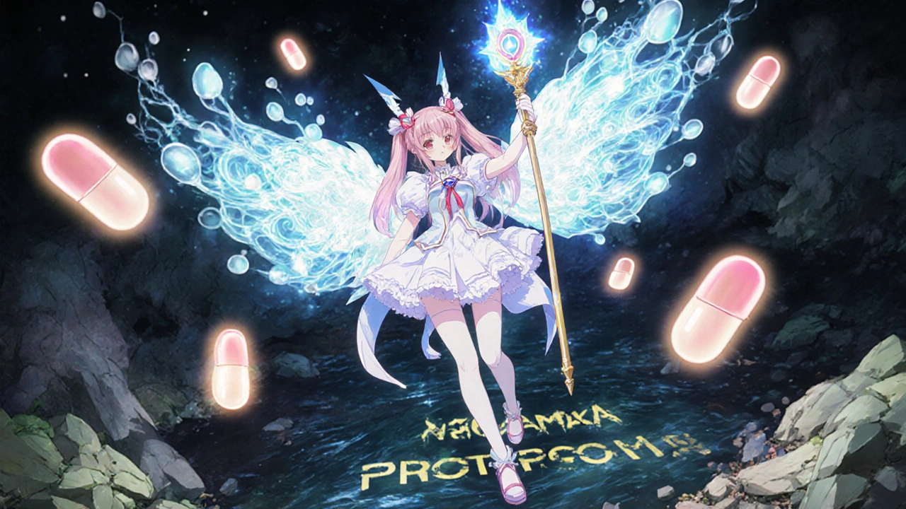 Magical girl battling diabetes risks with a staff that releases healing glucose droplets.