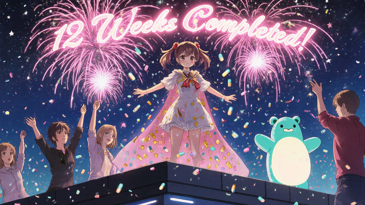 Magical girl celebrates with fireworks and a "12 weeks" banner surrounded by friends.