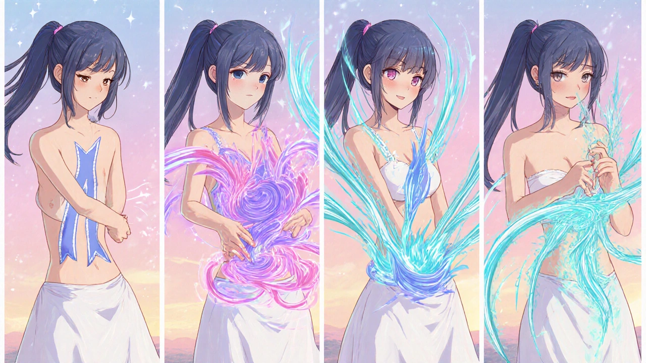 Magical girl demonstrating four massage spell gestures around hips and pelvis.