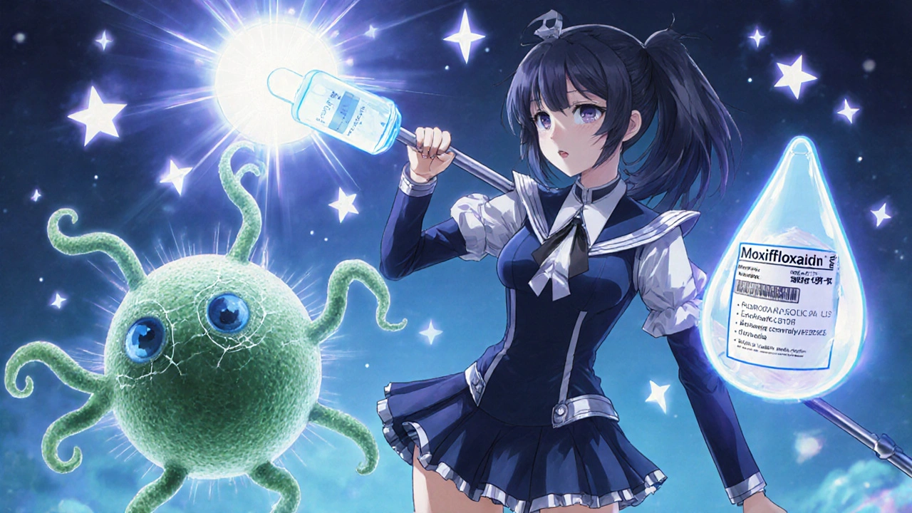 Magical girl fighting a bacterium monster with a tear-drop staff, contact lens dissolving nearby.