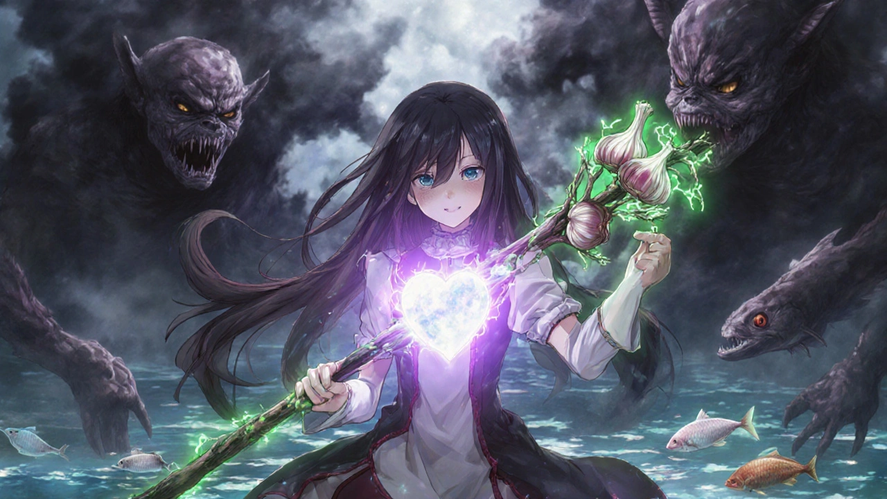 Magical girl fighting plaque monsters with hawthorn and garlic staff, CoQ10 core glowing on her chest.