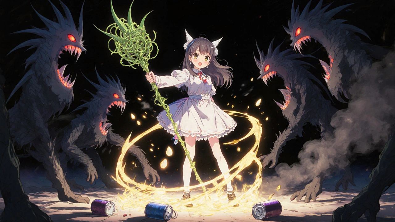 Magical girl fighting shadow sodium channels with healing aloe and honey staff