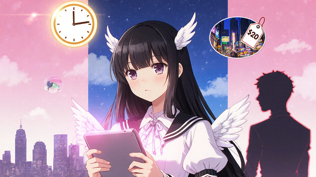 Magical girl hero choosing a pill with icons of duration, price, and side effects around her.