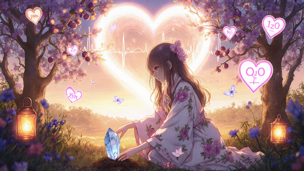 Magical girl in a healing garden with magnesium crystal, CoQ10 fireflies, and a pulsing heart above her.