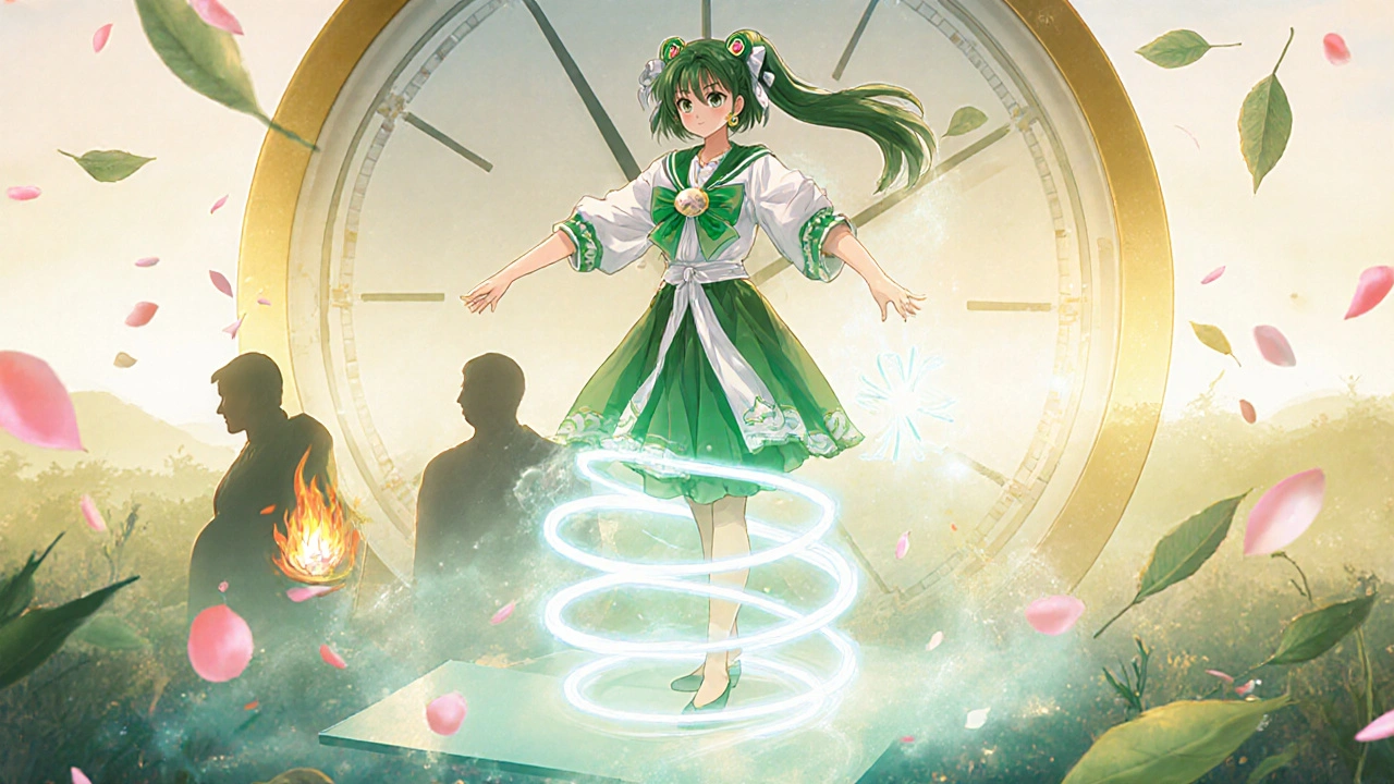 Magical girl performing a Kegel pose with glowing energy spirals, surrounded by symbols of exercise and herbal mist.