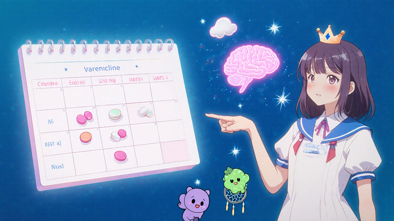 Magical girl points to a weekly pill schedule with cute nausea and dream icons.