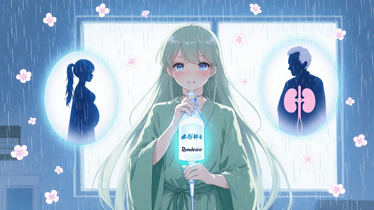 Magical girl protecting vulnerable patients with a Remdesivir IV drip in a clinic.