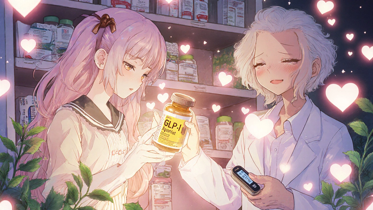 Magical girl replacing Actos with a golden GLP-1 vial as hearts and blossoms surround her.