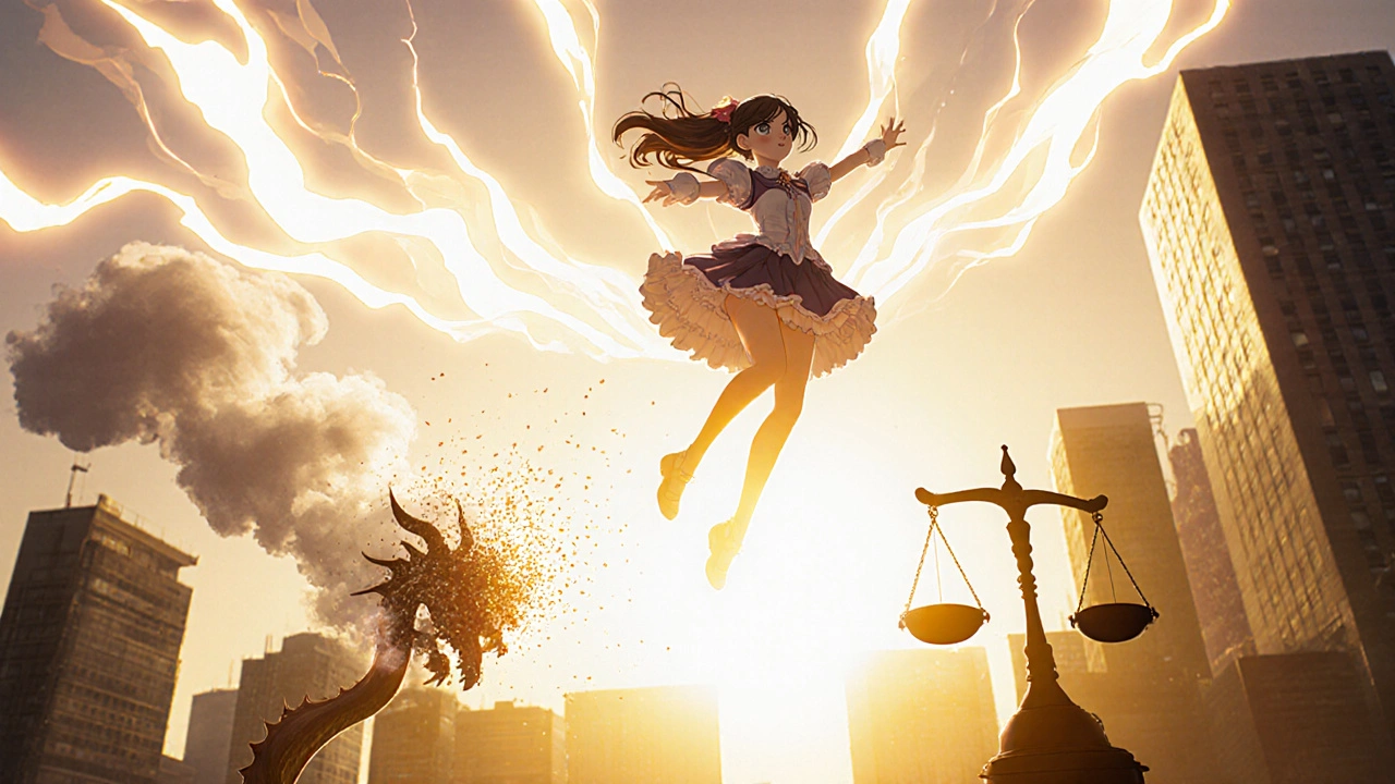 Magical girl soaring above a city as a smoke dragon fades, showing success.