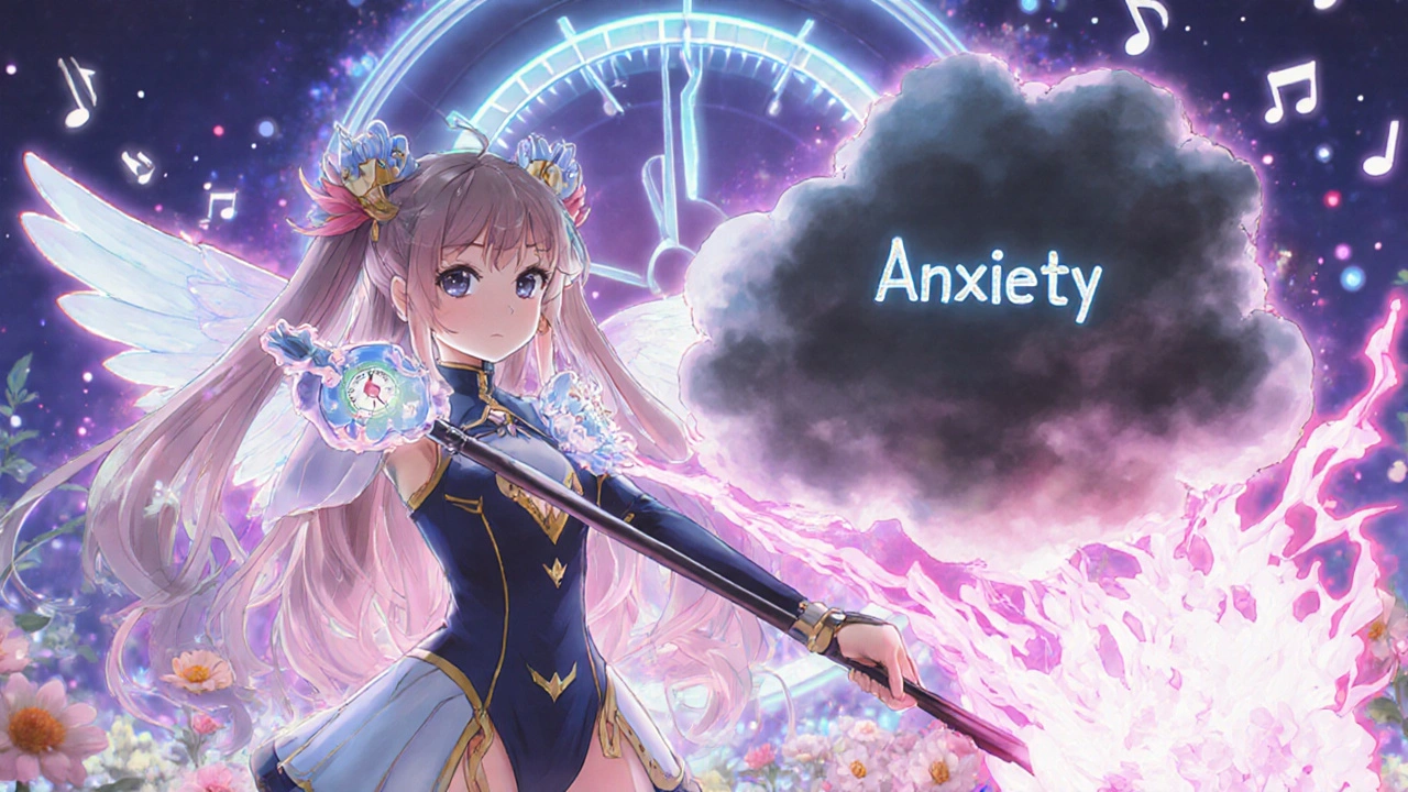 Magical girl using a staff to dispel anxiety fog with calming pink energy and blooming flowers.